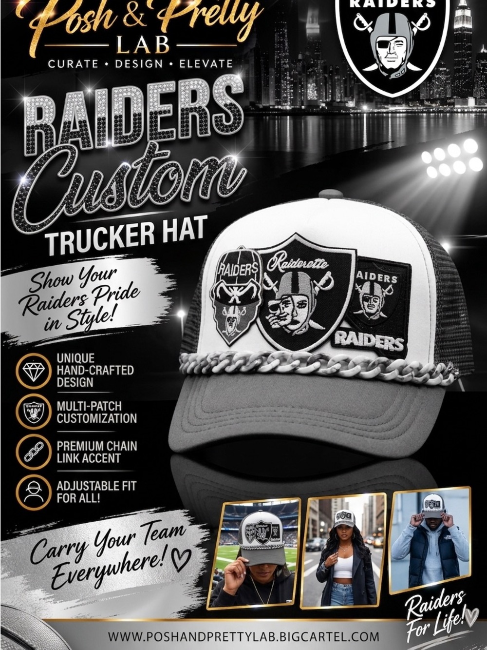Raiders Custom Trucker Hat - Gray Black & White